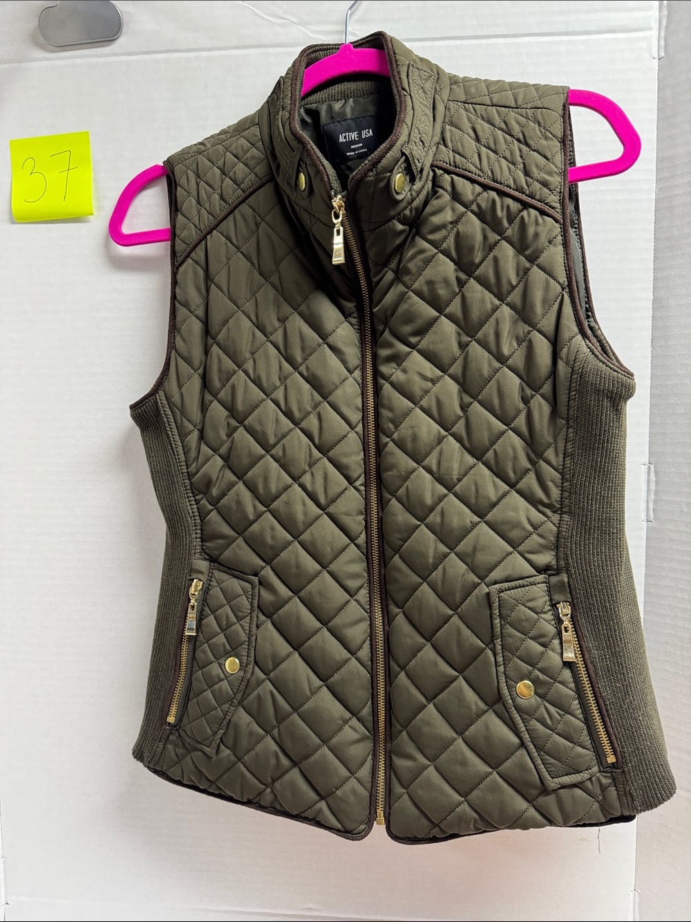 Active USA Olive Quilted Vest with Knit Side Panels